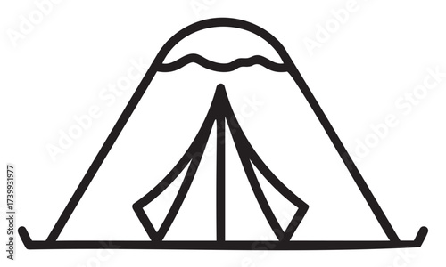 Black outline icon of a simple triangular tent with a minimalistic design, ideal for outdoor, travel, and adventure concepts.