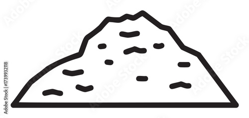 Black outline vector icon of a simple, uneven mountain with small scattered rocks, representing nature and outdoor adventure concepts.