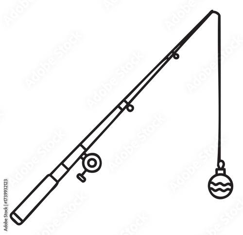 Black outline vector icon of a simple fishing rod with a bobber attached. minimal linear illustration for fishing and outdoor recreation concepts.
