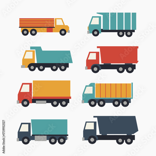A vibrant collection of eight distinct flat design trucks, showcasing various cargo and dump truck styles in bright, contrasting colors against a clean white background.