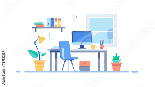 Illustration of a home office setup with desk computer chair and various office supplies displayed