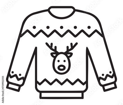 Black outline icon of a festive sweater featuring a reindeer design and zigzag patterns, suitable for christmas and winter celebrations.