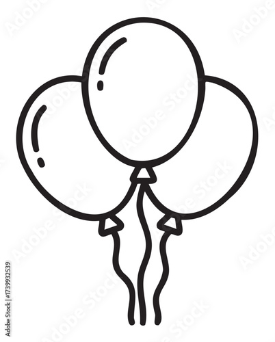 Black outline of three round balloons with strings tied at the bottom, illustrating a simple and minimal party or celebration concept.