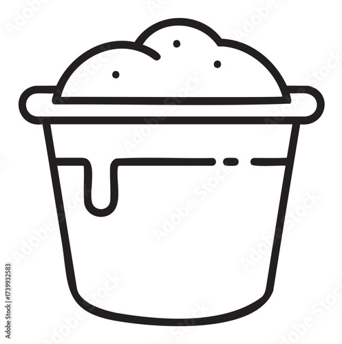 Black outline of a bucket filled with soapy water, featuring bubbles and a drip. ideal for cleaning, cleaning products, and hygiene concepts.