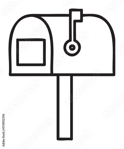 Black outline icon of a traditional mailbox with a raised flag and a rectangular slot on the front, suitable for communication and postal concepts.