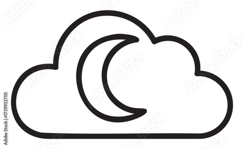 Black outline icon of a crescent moon partially covered by a cloud, representing night or sleep concepts.