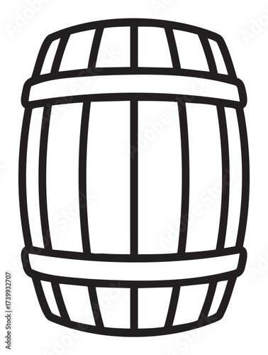 Black outline of a wooden barrel with staves and bands, depicted from the front view in a simple linear style.
