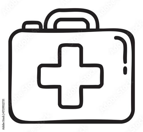 Black outline drawing of a simple square first aid kit with a cross on the front. minimalist linear design for medical and emergency use.