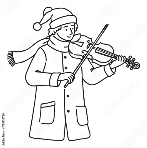 Young caucasian male in winter clothing playing the violin, wearing a hat and scarf for warmth, with a focused expression.