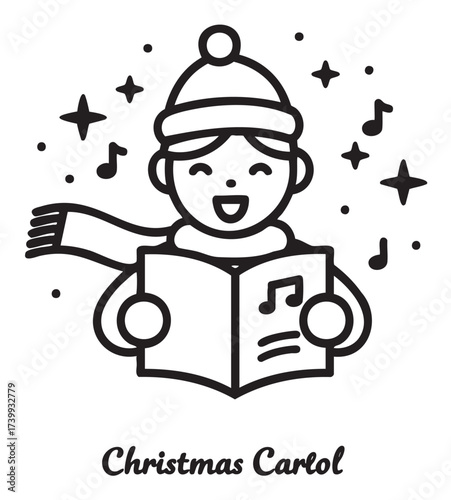 Black outline icon of a cheerful child wearing a hat and scarf, singing christmas carols while holding a musical book.