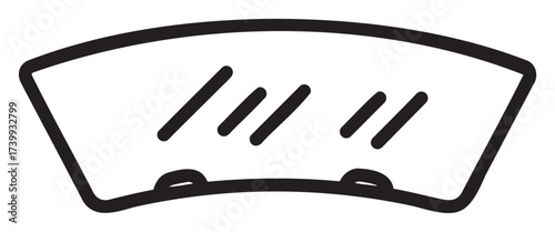 Black outline of a curved car windshield with wiper marks, depicted in a simple linear style.