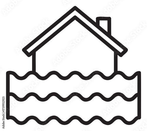 Black outline icon of a house surrounded by water, symbolizing a flood risk or flooding situation.