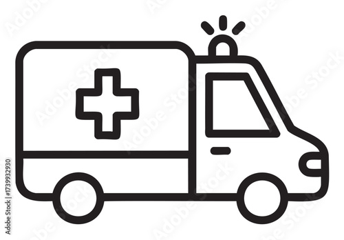 Black outline icon of an ambulance with a medical cross and a flashing light on top, representing emergency medical services.