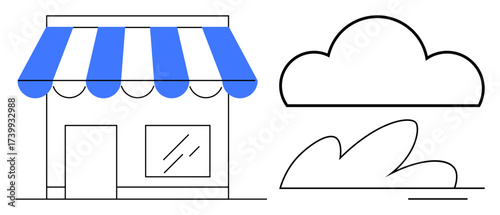 Small shop with a blue striped awning, door, and window alongside a minimalist cloud and bush illustration. Ideal for retail, business, online store, small shop, cloud services, local commerce