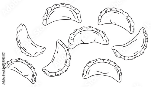 Black outline vector drawing of seven uncooked crescent-shaped dumplings arranged randomly. each dumpling features detailed pleated edges and curved sides.