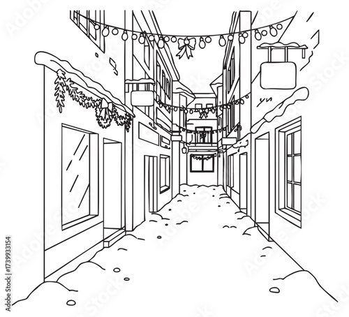 Snow-covered narrow city alley adorned with festive string lights and garlands hanging between buildings.