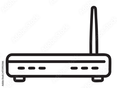 Black outline icon of a wireless router with a single antenna, featuring a minimalistic design for network and communication concepts.