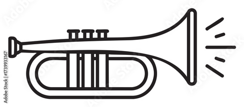 Black outline vector icon of a traditional trumpet with sound lines indicating music or sound. minimal linear design for musical instrument and band concepts.