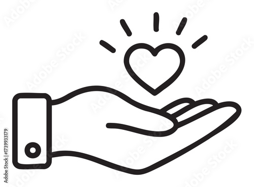 Black outline icon of an open hand with a heart above, signifying love and care. minimal linear illustration for concepts of kindness and support.
