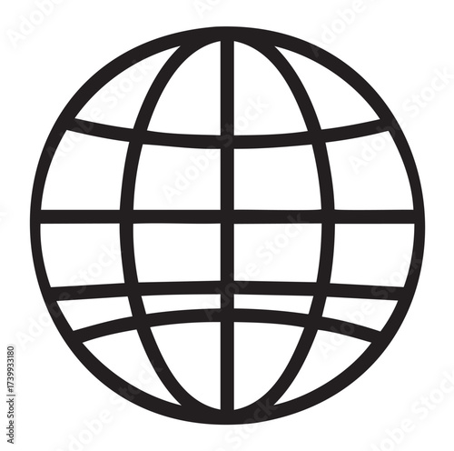 Black outline icon of a globe with intersecting lines, representing global connectivity and international communication.