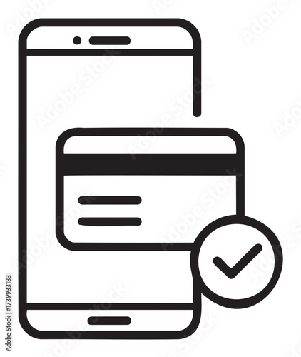 Black outline of a smartphone with a credit card icon and a checkmark, symbolizing mobile payment approval.