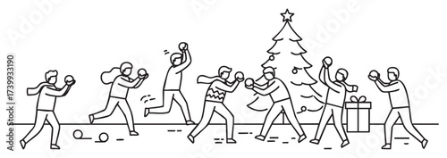 Group of young adults joyfully engaging in a playful snowball fight around a decorated christmas tree with gifts.