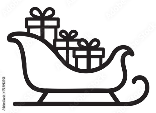 Black outline icon of a classic sleigh filled with three gift-wrapped presents, illustrating festive and holiday themes.