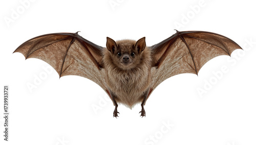Isolated depiction of a brown bat in flight with outstretched wings, isolated transparent background
