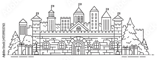 Black outline vector icon of a medieval castle with multiple towers and flags, surrounded by trees and wrapped gifts.
