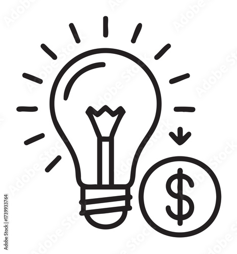 Black outline icon of a light bulb with radiating lines and a dollar sign coin, symbolizing energy efficiency and cost savings.