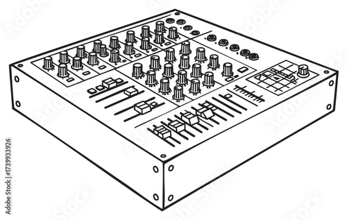 Black outline vector illustration of an audio mixing console with knobs and sliders for music production and sound engineering.