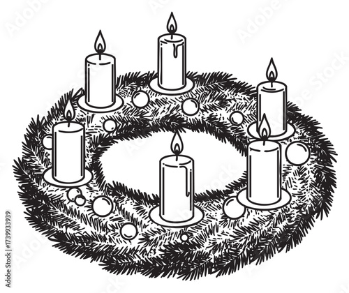 Black outline of a festive wreath with five lit candles and decorative baubles, symbolizing celebration and seasonal traditions.