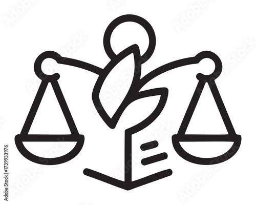 Black outline vector icon of a plant with balanced scales, symbolizing the concept of environmental justice and sustainability.