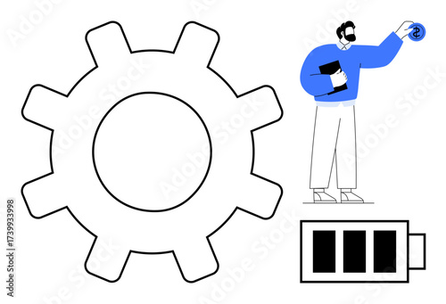 Large gear symbolizing optimization, man holding clipboard near loading symbol and battery. Ideal for teamwork, efficiency, industry, workflow, innovation, technology productivity. Simple flat