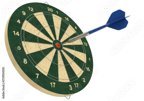 Isolated dartboard with blue dart hitting bullseye target center, for games of skill hobby