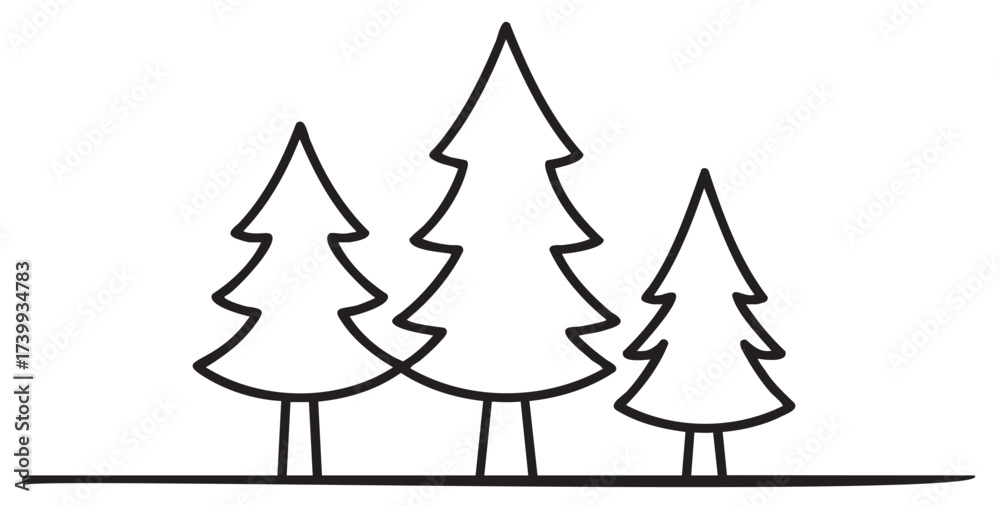 Obraz premium Black outline vector icon of three simple triangular fir trees. minimal linear illustration for nature, forest, and wilderness concepts.
