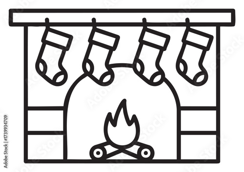 Black outline icon of a traditional fireplace with a fire and four hanging stockings, ideal for holiday and winter concepts.