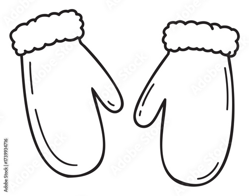 Black outline drawing of two winter mittens with simple, minimal design and fluffy cuffs.