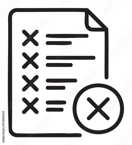 Black outline icon of a checklist with multiple crossed-out items and a large x symbol indicating disapproval or cancellation.