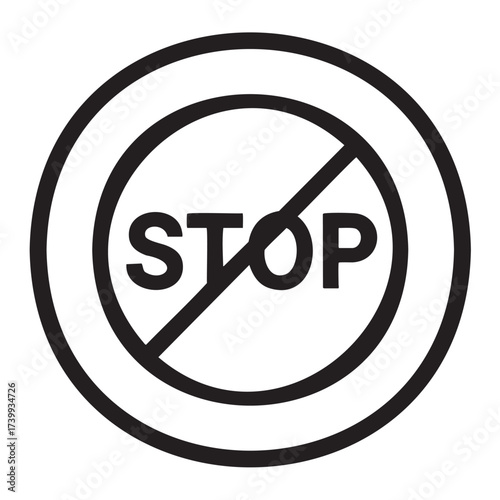 Black outline of a circular prohibition sign with the word 'stop' in bold capital letters, indicating a halt or restriction.