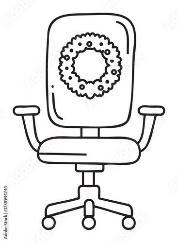 Black outline vector icon of an office chair with a decorative wreath on the backrest, illustrating holiday decor in a workspace setting.
