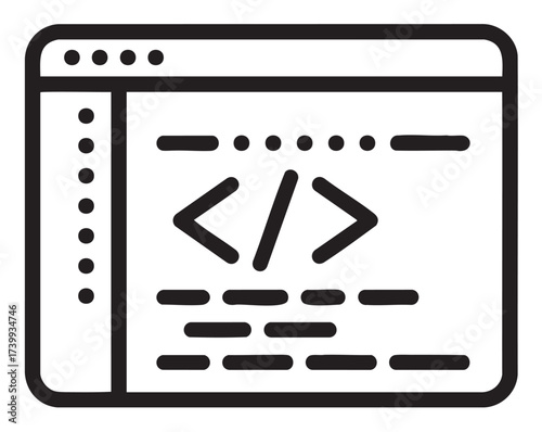 Black outline icon of a web browser window displaying html code with angle brackets, representing web development and coding concepts.