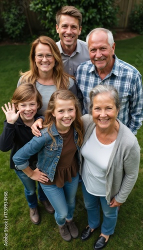 Joyful family portrait in a lush green garden