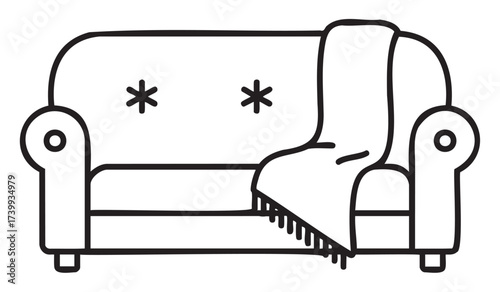 Black outline vector icon of a classic sofa with two star-patterned cushions and a draped blanket on one armrest.
