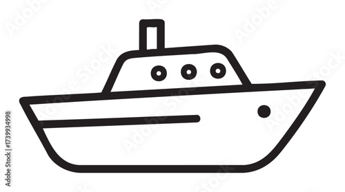 Black outline icon of a simple boat with three portholes and a chimney, exemplifying basic nautical design.