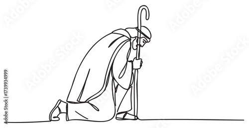 Black outline drawing of a kneeling shepherd in traditional robes, holding a staff with both hands, symbolizing humility and devotion.