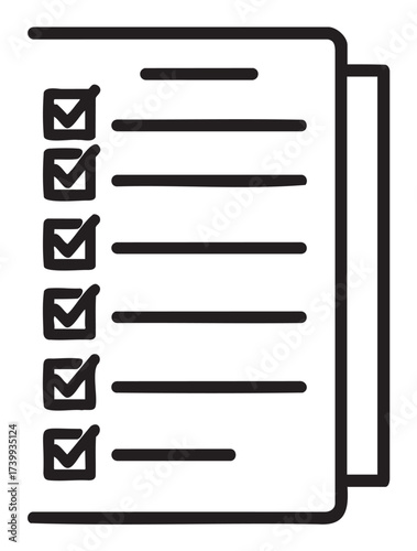 Black outline icon of a checklist with five checked boxes on a vertical aligned list, representing organization and task completion.