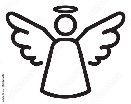 Black outline icon of an angel with a halo and wide wings, depicted in a minimal and simplistic style.