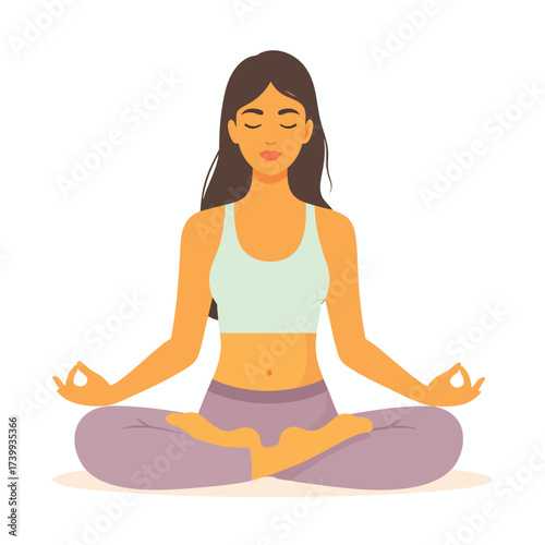 Woman meditating in lotus position, eyes closed, wearing sportswear, practicing mindfulness and relaxation.