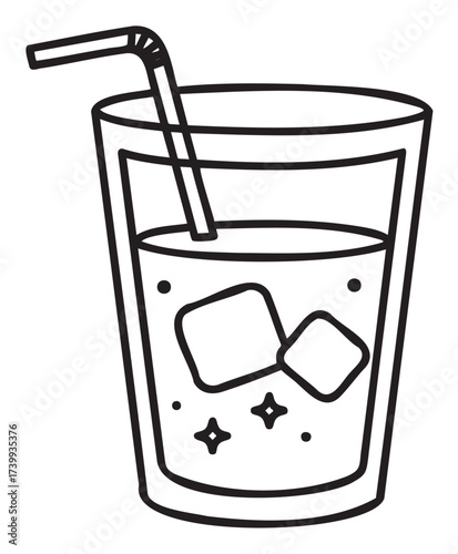 Black outline vector icon of a glass with a straw and ice cubes, representing a refreshing cold beverage.